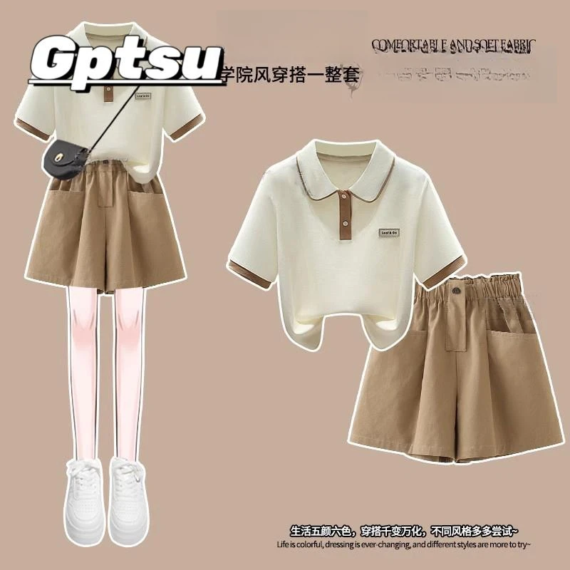 GPTSu女童套装夏季2025新款POLO衫短袖夏装运动短裤休闲两件套潮