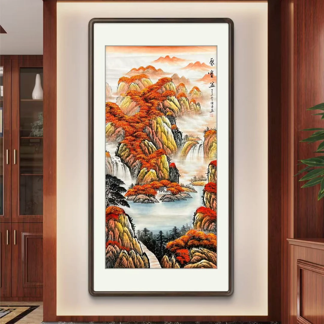 聚宝盆纯手绘玄关风景画装饰办公室高档客厅山水国画背景墙挂画