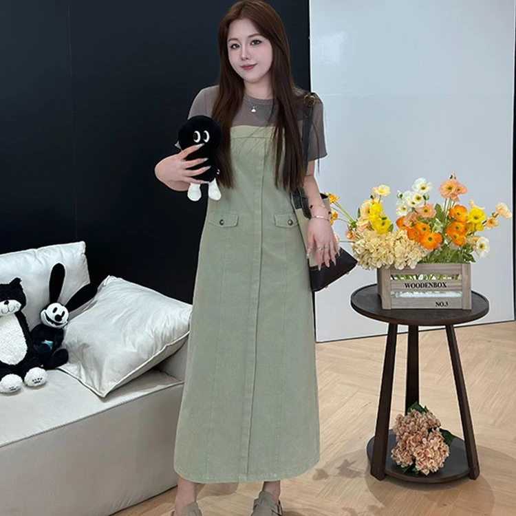 胖MM特大码300斤时尚气质拼接连衣裙女夏季新款显瘦高腰遮胯A字裙