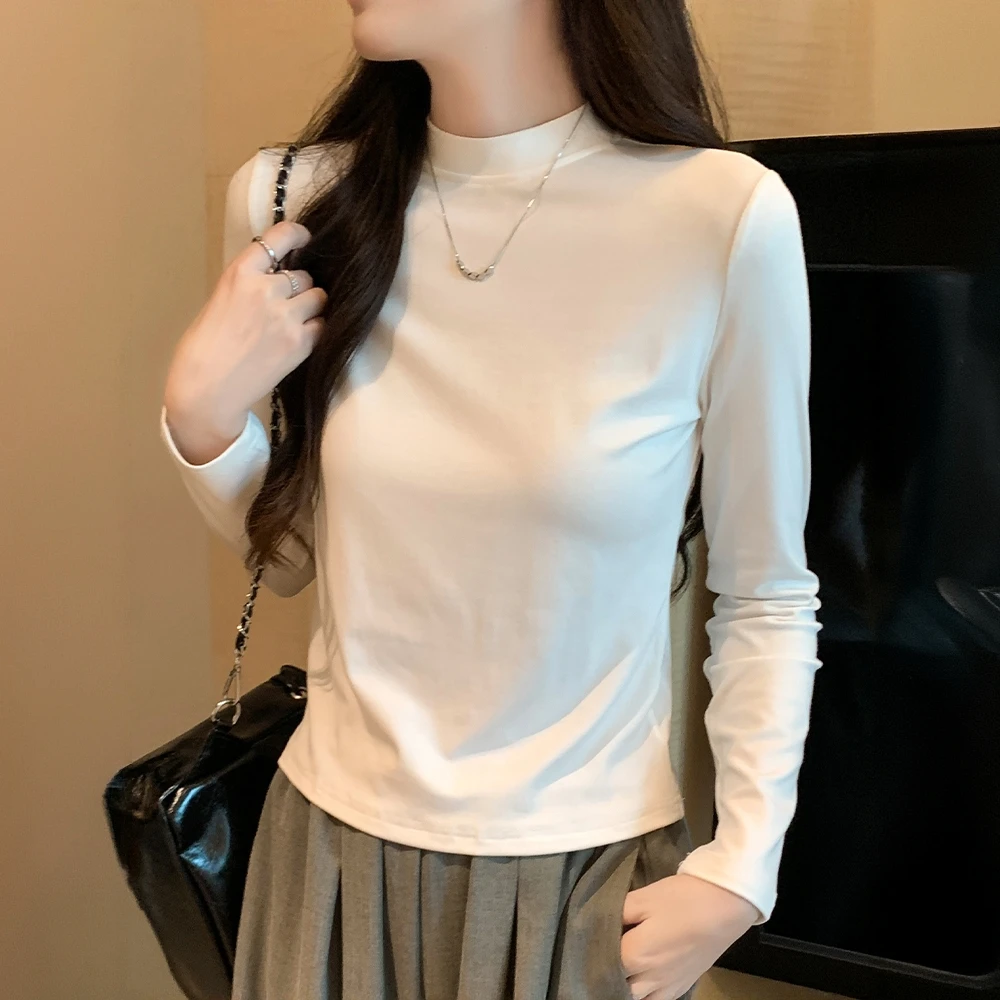 白色打底衫女士女款秋冬新款棉小立领打底衫女款爆款2025新款秋冬