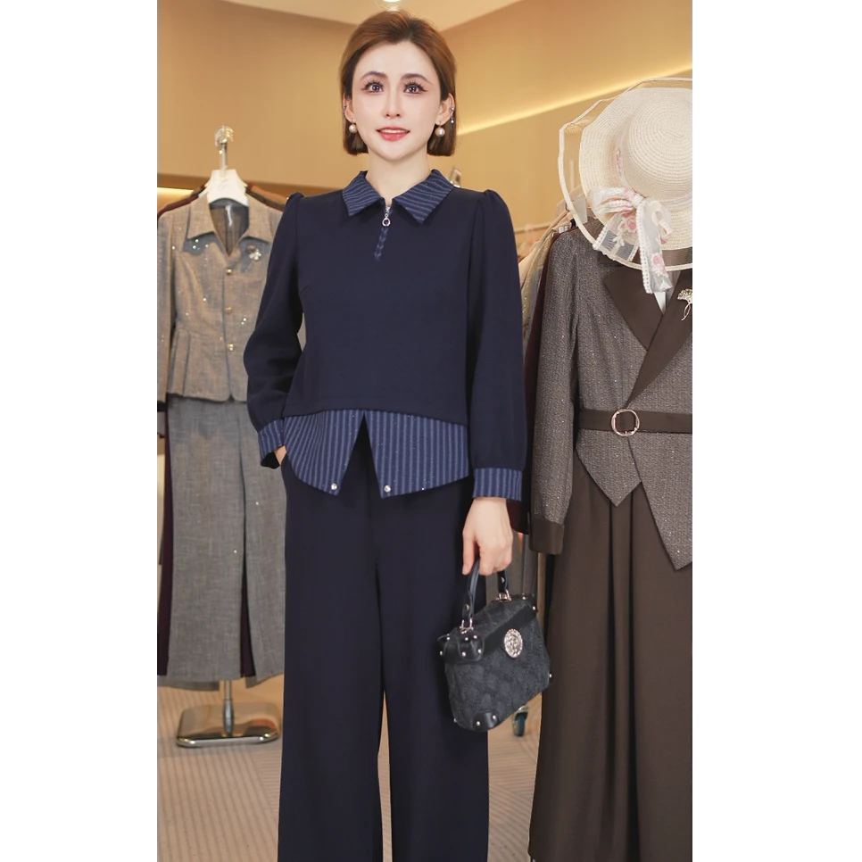 W8018高端时尚气质优雅简约套装2025春秋新款女修身减龄两件套