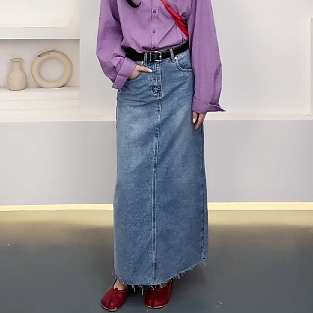 【逸语服饰】2025夏装韩系后开叉须边牛仔裙女百搭显瘦A字半身长裙