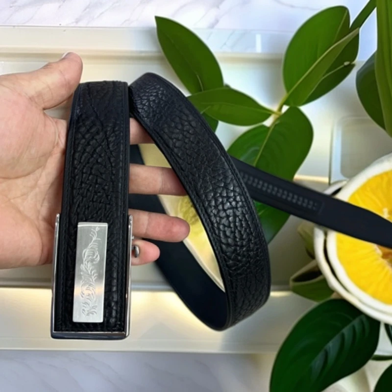 库奇世家真皮男士皮带头层牛皮3.8不锈钢内参自动扣腰带黑色