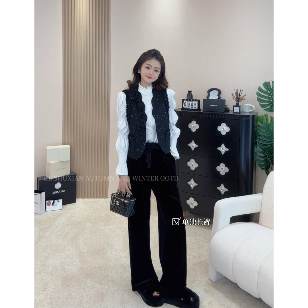 【首尔日记】蕾丝拼接松紧抽绳阔腿丝绒长裤L0844