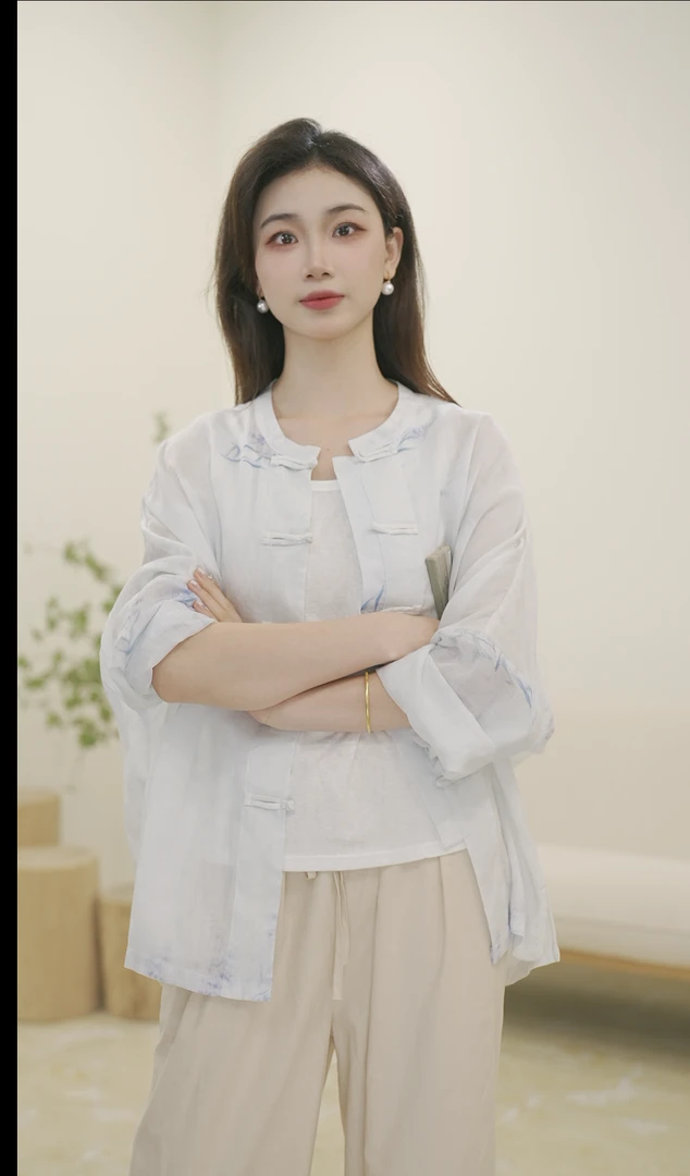 复古印花苎麻衬衫女文艺新中式盘扣衬衣开衫气质立领长袖薄款外搭