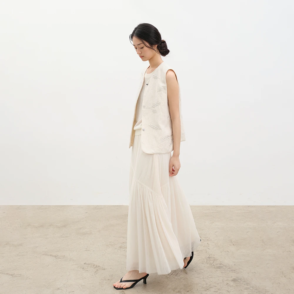 张小某财阀千金女装优雅轻盈全松紧杏色拼接网纱半裙  0911