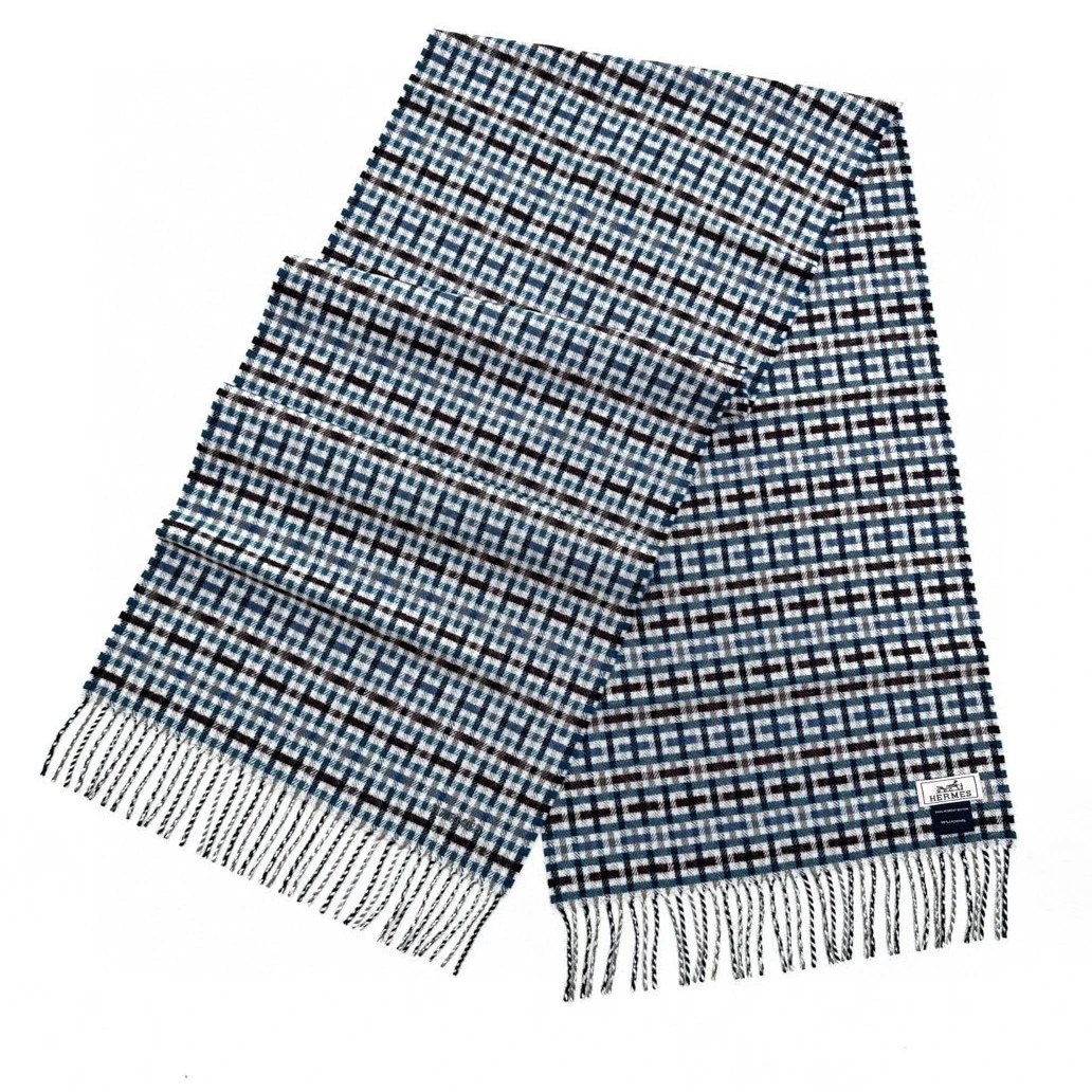 全新未使用 Hermes/爱马仕 爱马仕 男女蓝色英伦风H格纹流苏围巾