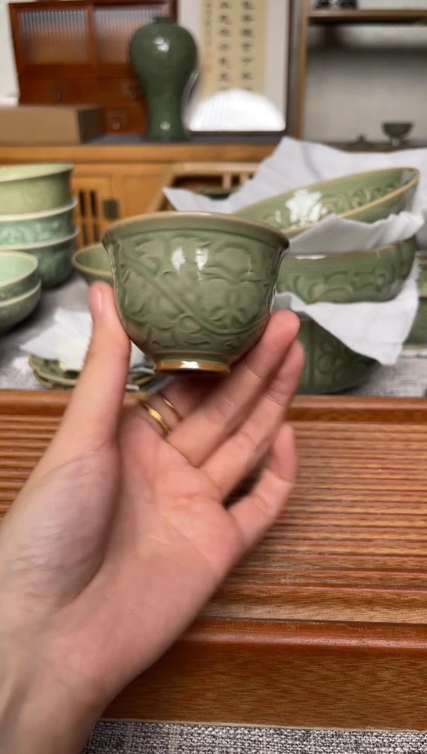 陶瓷耀州窑手工牡丹纹铃铛杯   微瑕