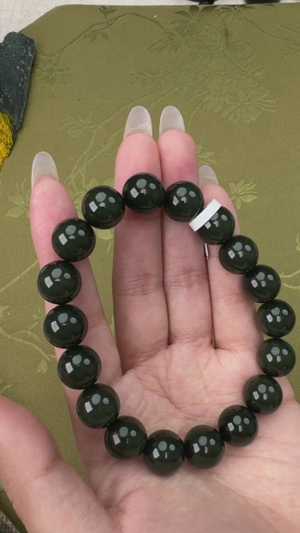 未镶嵌手链和田玉（青玉）黑青卡12圆珠