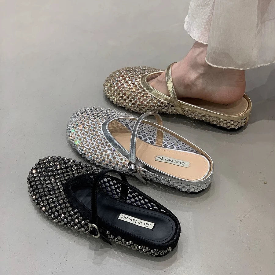 内增高金色水钻网面镂空包头半拖鞋女鞋子外穿2025夏季凉拖鞋网红