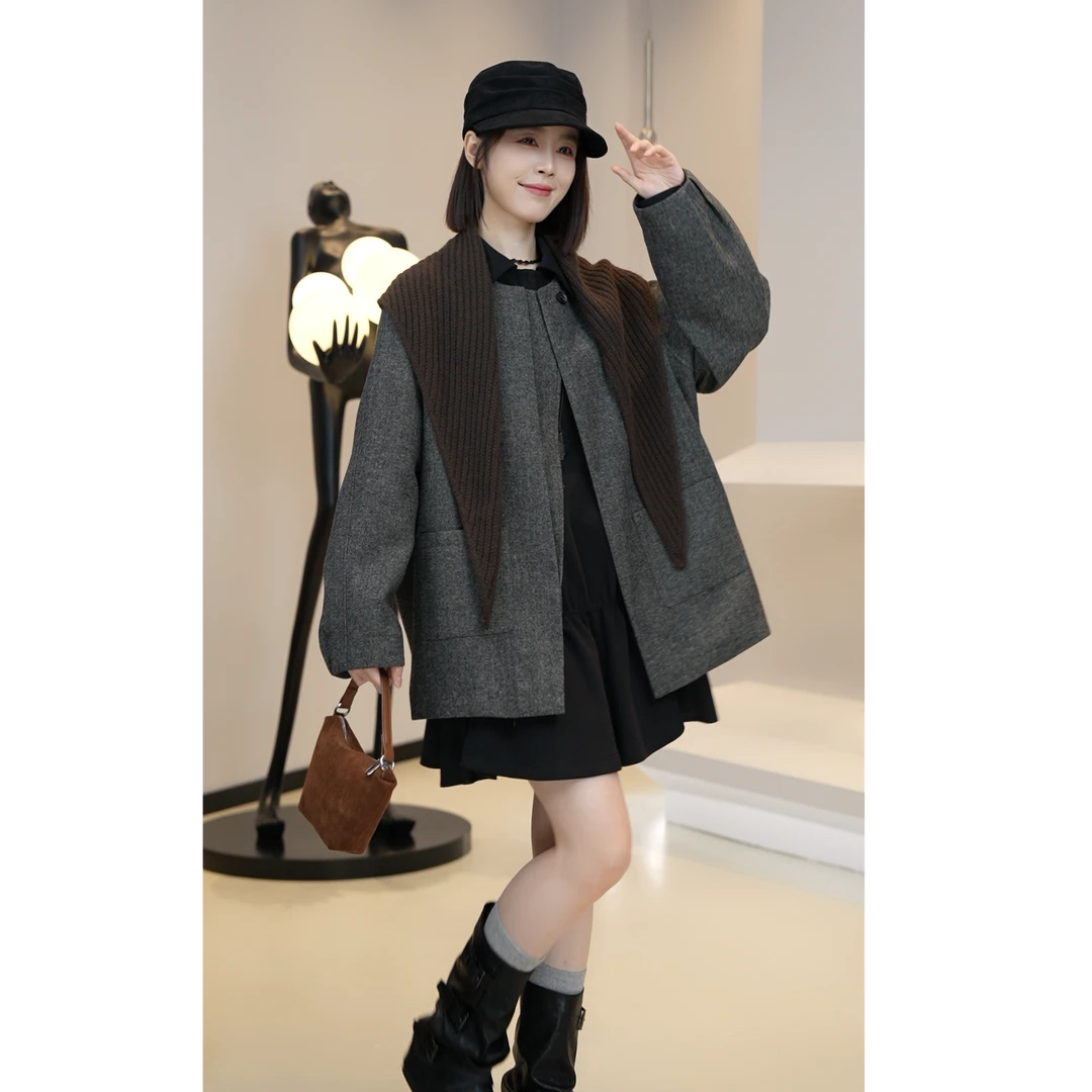 少量现货【芜阅】秋装披肩一粒扣开衫双口袋中长款羊毛风衣外套E197