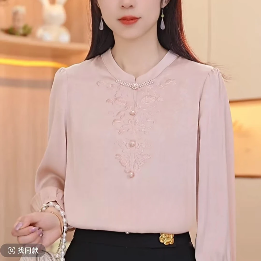 QL2025春季新款盘扣刺绣纯色上衣显瘦洋气时尚百搭衬衫女