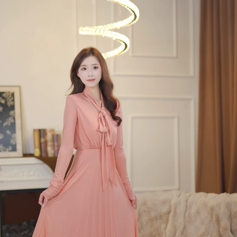 【Yomi】新款秋季气质法式修身显瘦长款时尚V领连衣裙-F948