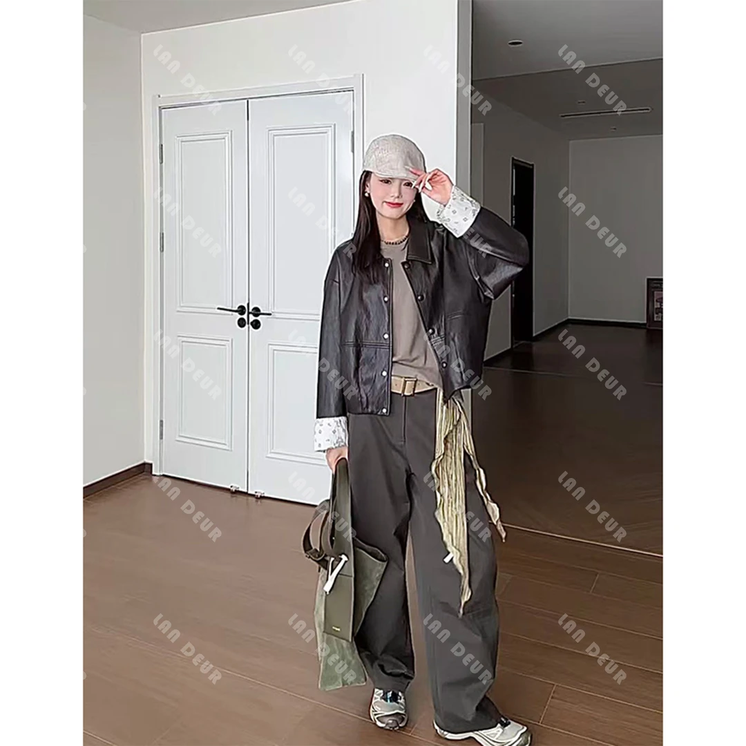 【漫游人生】PU气质时尚休闲百搭设计师复古简约宽松短款皮衣女上衣