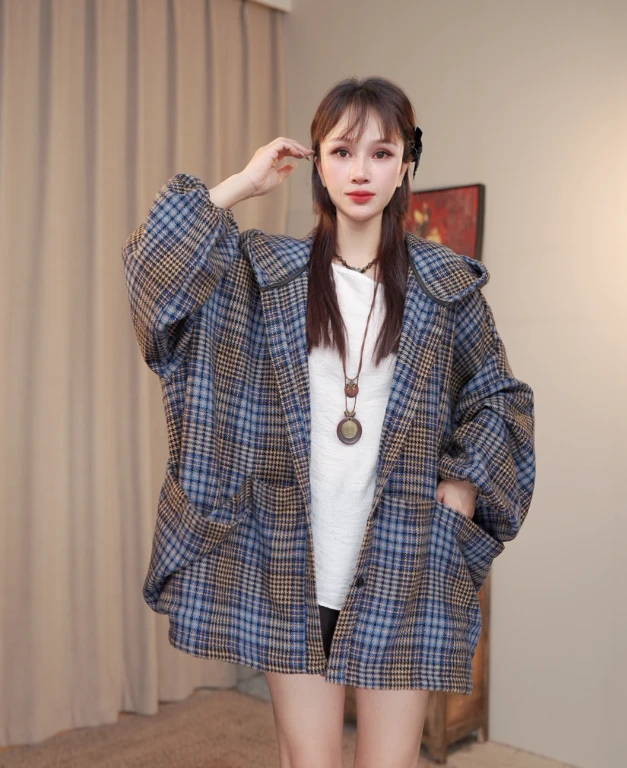【木森】【南松】时尚百搭小香风天蓝连帽四兜女款上衣外套S175
