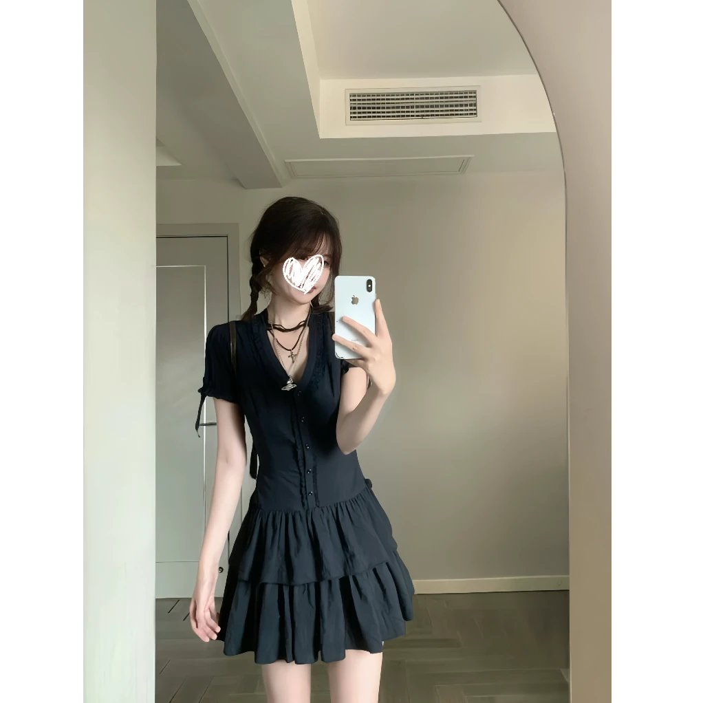 夜海辰砂 蕾丝花边v领短袖连衣裙短款A字裙显瘦气质高腰裙子
