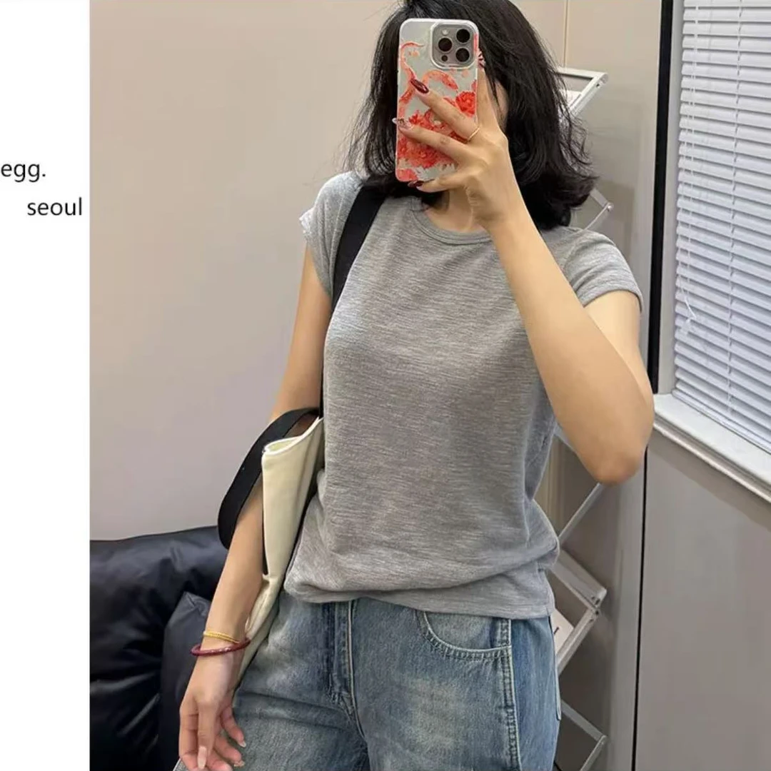 蛋家 皱皱棉韩版女士时尚百搭肌理感纯色圆领休闲修身半袖短袖