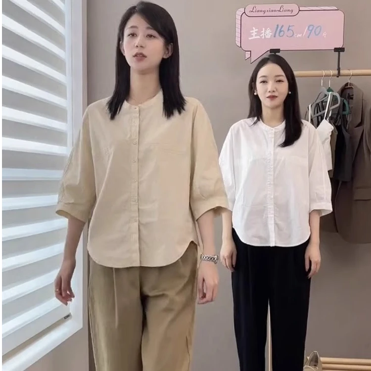小个子圆领中袖衬衫女韩版夏季个性宽松显瘦简约纯色衬衣七分袖女