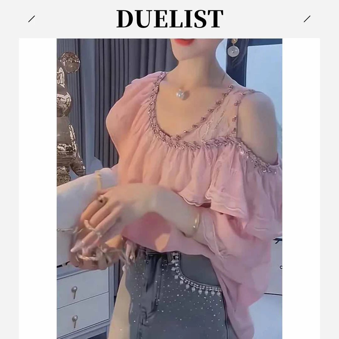 DUELIST欧货夏季新款圆领重工时尚露肩荷叶边短袖衬衫女洋气上衣