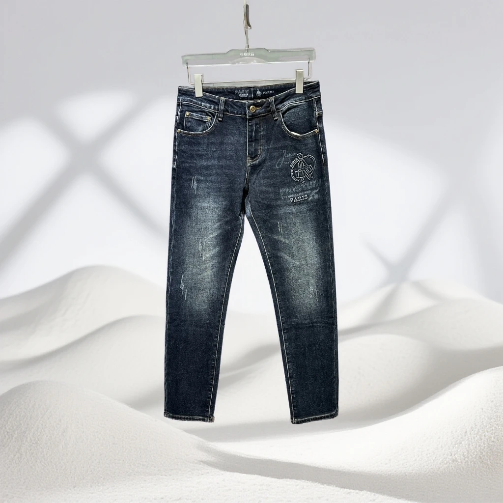 宾斯洛特潮流帅气修身蓝色拉绒牛仔裤男士冬季新款字母印花小脚裤