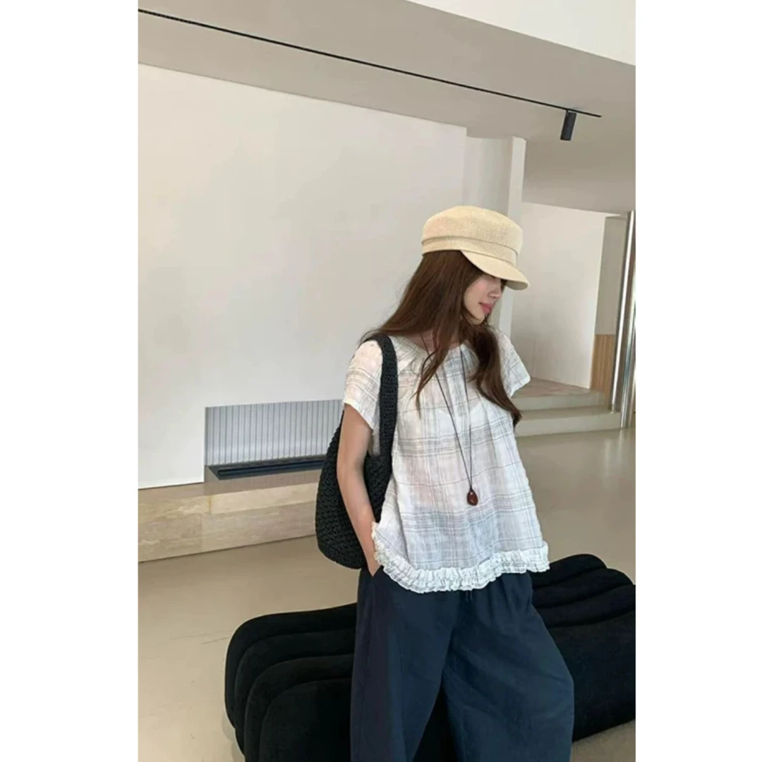 B295春季新款时尚圆领短袖薄款下摆花边衬衣女宽松显瘦简约上衣