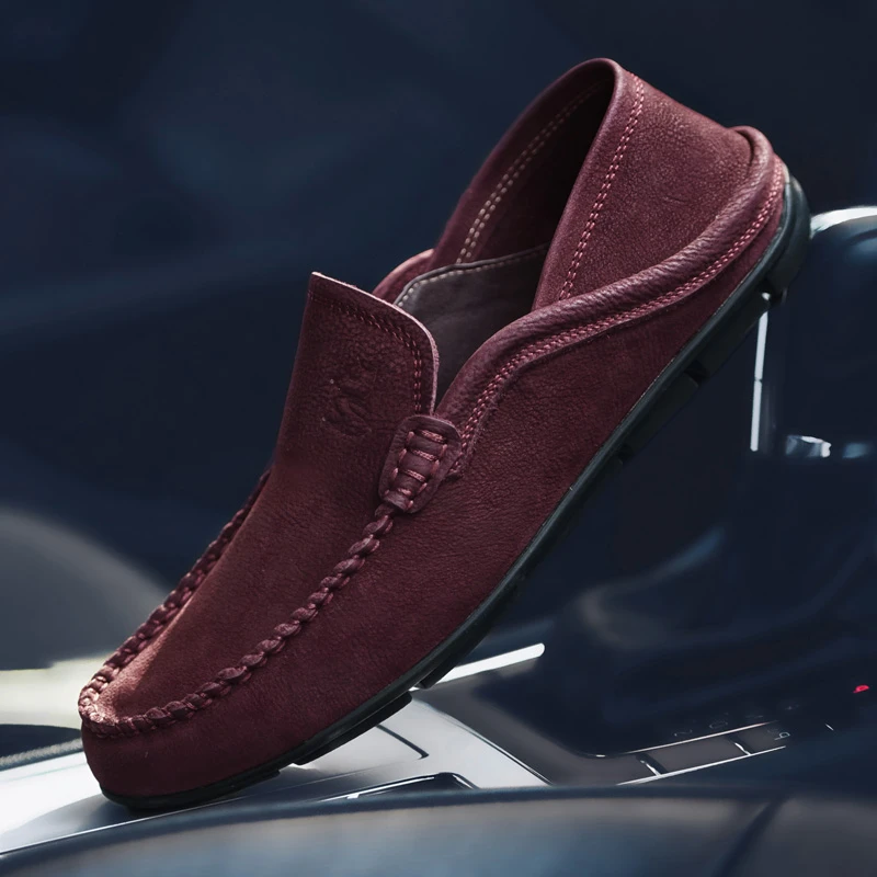 酒红色头层牛皮豆豆鞋男鞋夏季一脚蹬懒人鞋单鞋软皮软底透气男鞋