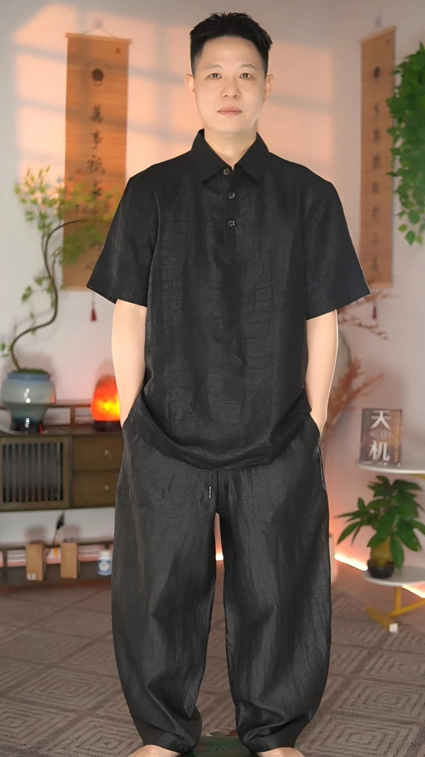 香云纱夏季男士黑龟翻领套装时尚中国风