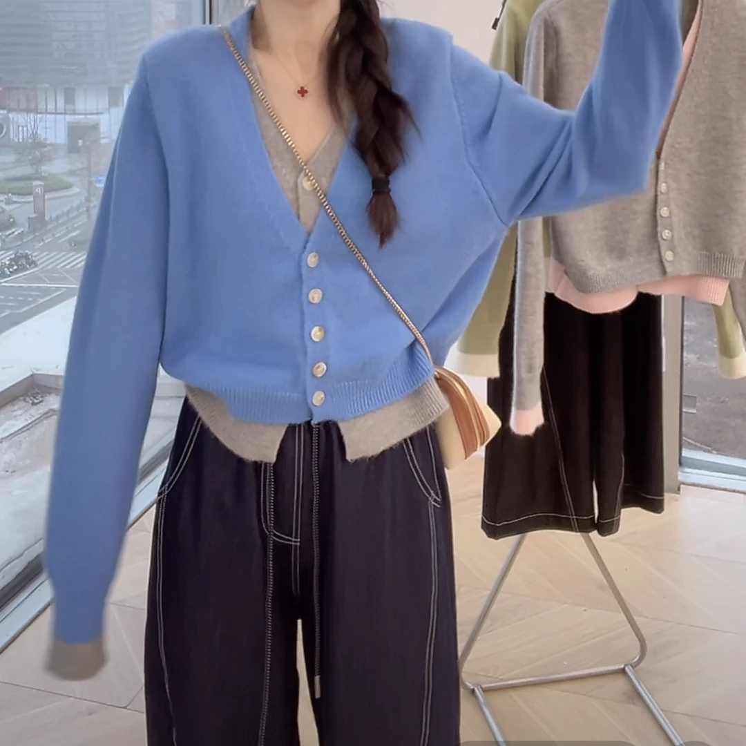 设计感V领撞色假两件针织开衫2025新款春季显瘦韩版长袖毛衣小衫