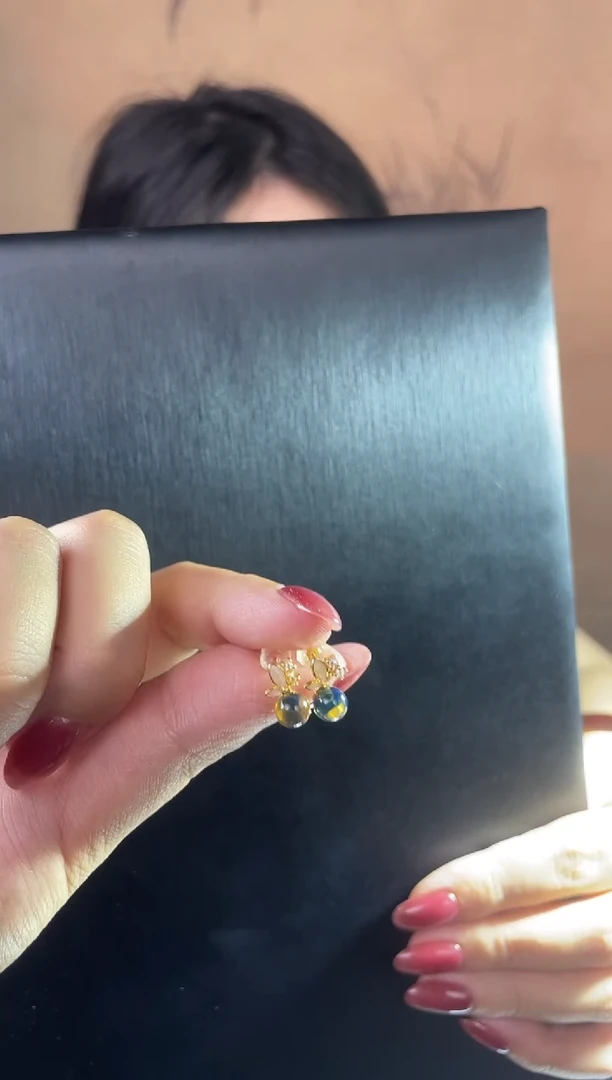 银S925镶嵌蓝珀珠宝奇石耳钉