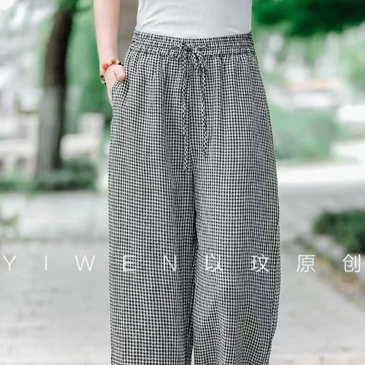 YIWEN原创100色织雨露亚麻复古民族风直筒阔腿裤1231