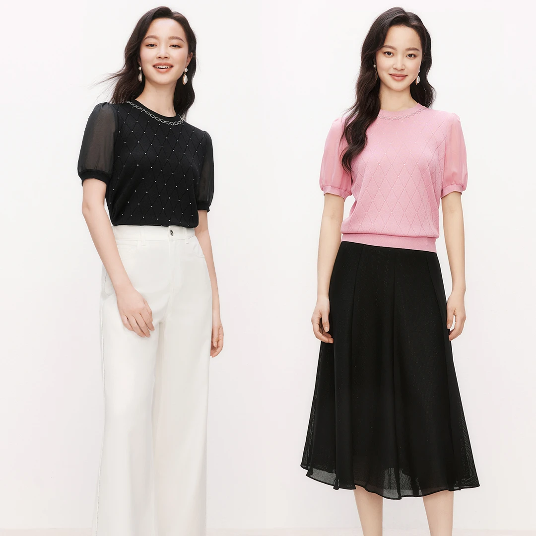 Koradior/珂莱蒂尔夏季百搭短袖气质时尚圆领女装套头毛针织衫