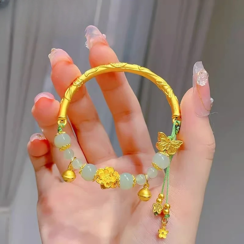 足银手镯 传承蝴蝶花半镯半链桃花铃铛吊坠手串送闺蜜女友礼物