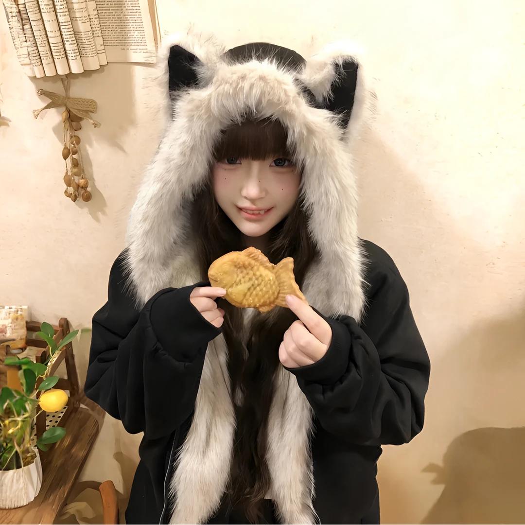 冬日新款可爱毛茸茸猫耳朵座山雕2025加绒加厚棉服个性小众派克服