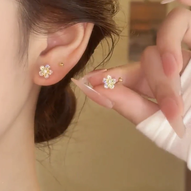 铜合金耳饰 超闪微镶花朵四件套耳钉小巧百搭设计感耳环气质耳饰
