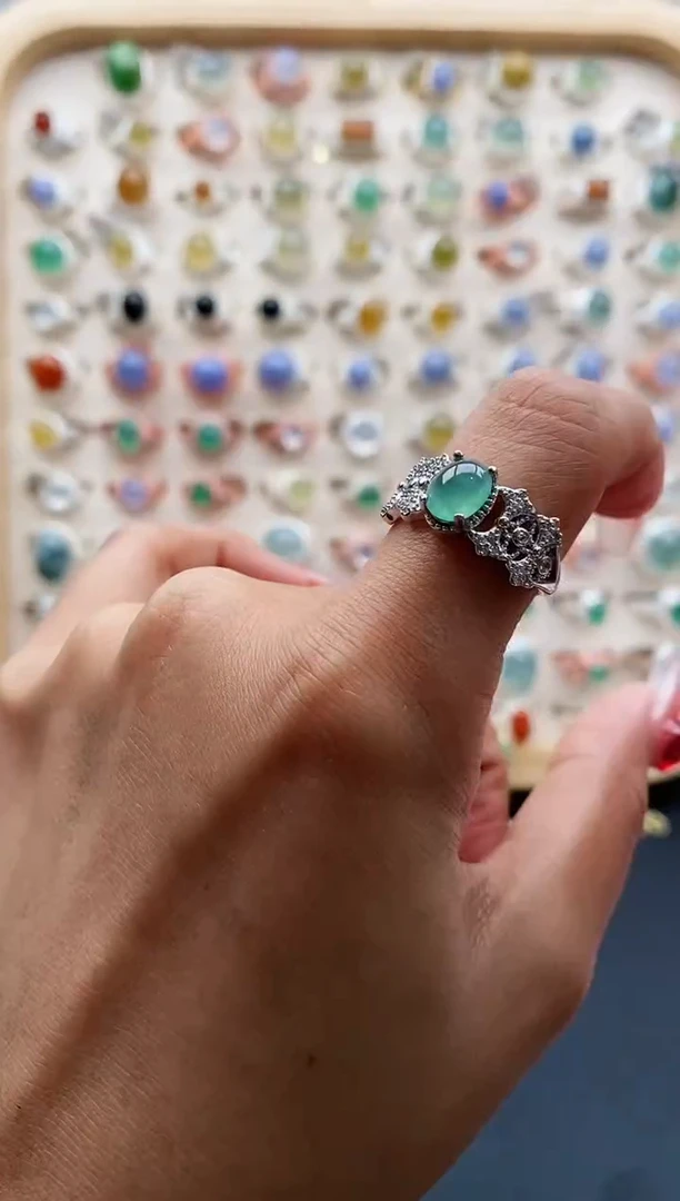 【闪购商品】翡翠戒指银S925镶嵌缅甸天然A货翡翠222 5+