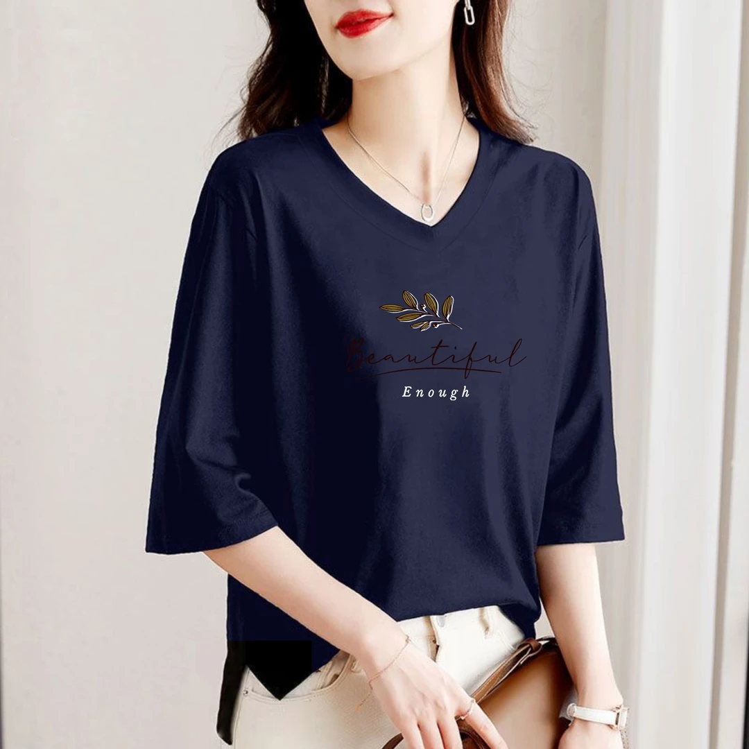 2025年新款纯棉大码七分袖V领大码女装显瘦洋气春夏短袖t恤上衣女