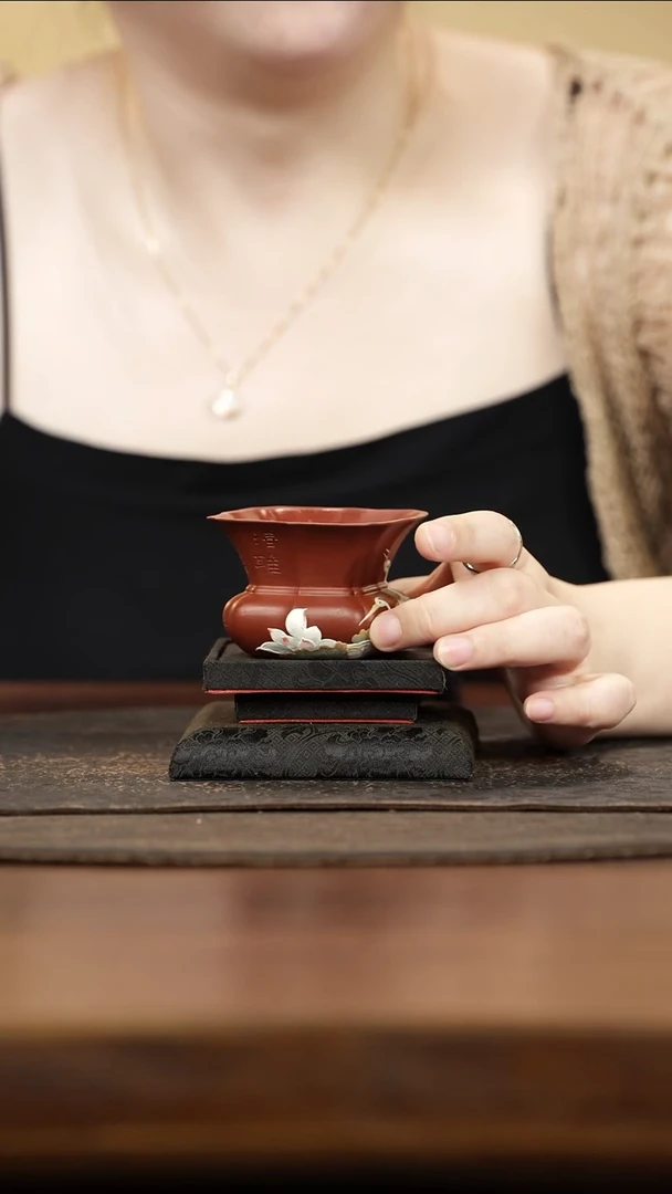 紫砂茶叶罐雨*朱泥泥绘白鹭筋纹四方杯