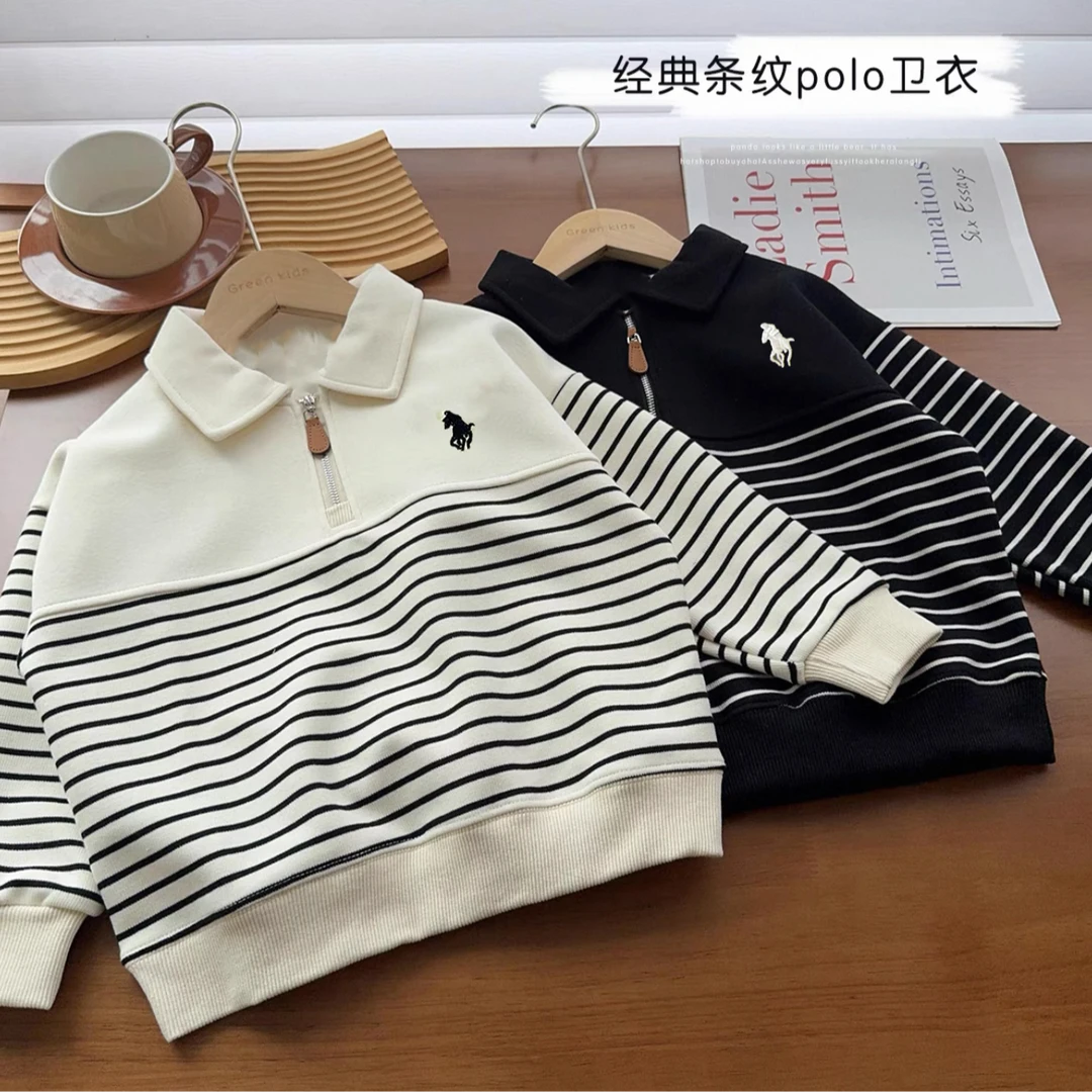 男女宝同款拉链polo领卫衣条纹拼接百搭潮流上衣