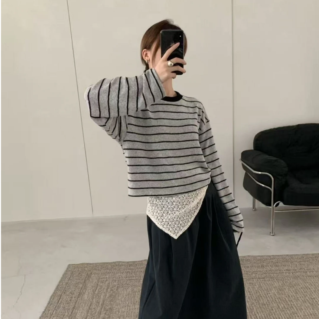 0222·灰色条纹 SY# 东大门圆领极简高级百搭条纹上衣·