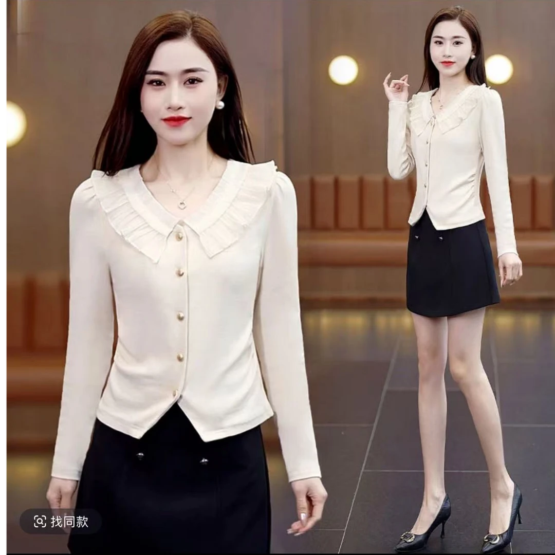 6010#【衣长56】新款修身显瘦漂亮娃娃领长袖t恤打底小衫上衣