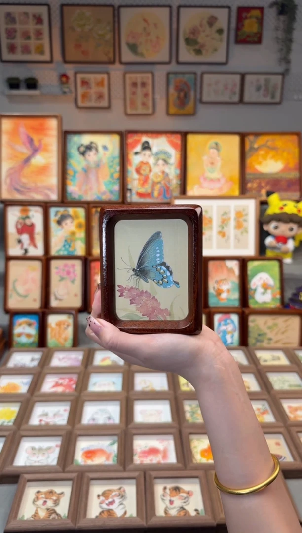 国画粉花蓝蝶 手绘国画4