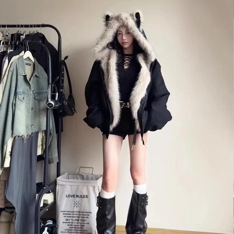 兔耳座山雕毛茸茸毛领棉服外套男女加绒加厚夹克美式冬季棉衣棉袄