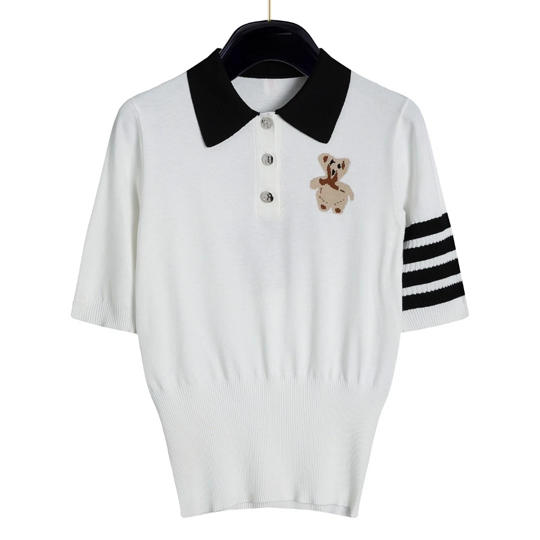 【汤姆】女款-夏季经典四道杠条纹小熊短袖针织衫