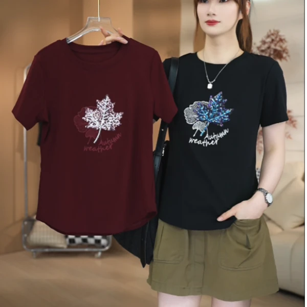 SHUOBAI/说白【刺绣+珠片】308# 减龄遮肉 修身显瘦 圆领短袖T恤ZS