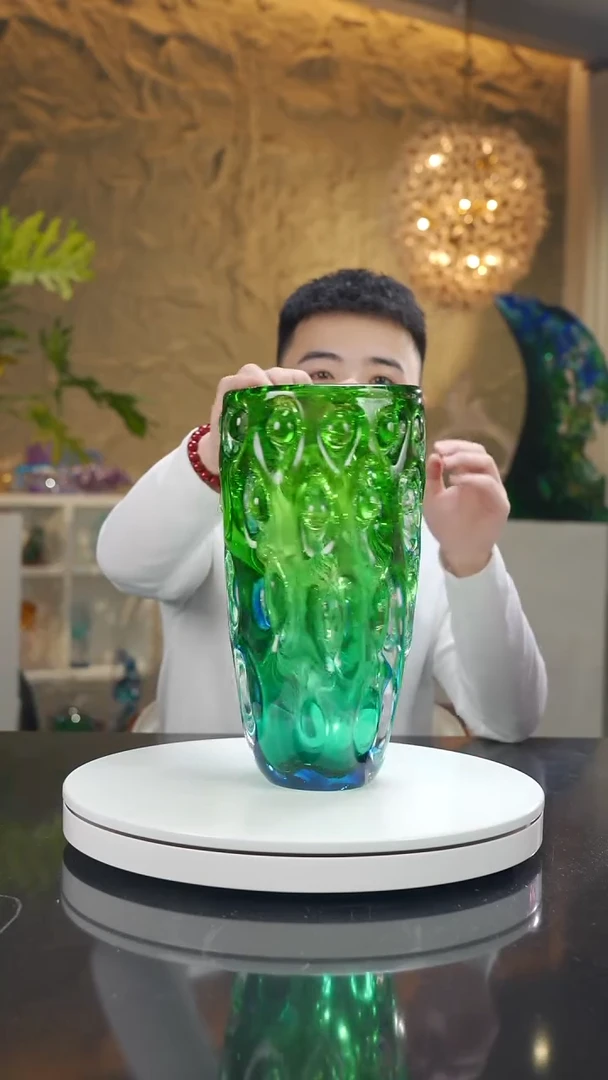 手工艺品琉璃文*祖母绿宝石蓝元宝瓶花器