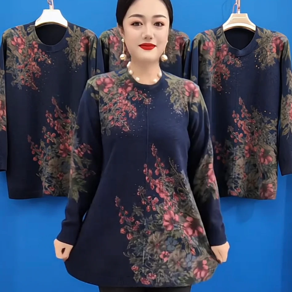 DM圆领长袖花设计宽松洋气碎花洋气气质百搭打底外传衫
