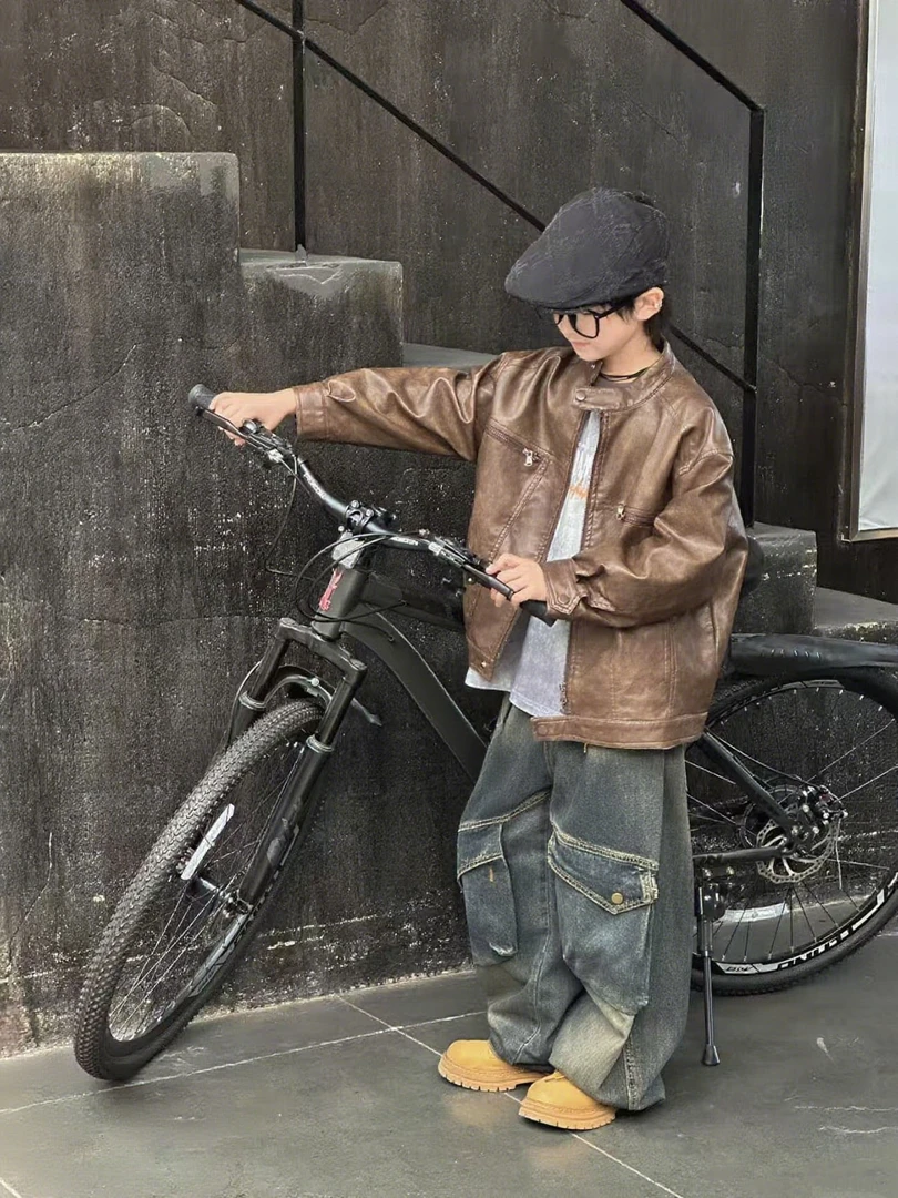 【小哥童装】秋款男童森系单排扣皮衣夹克洋气童装外套潮酷风71616