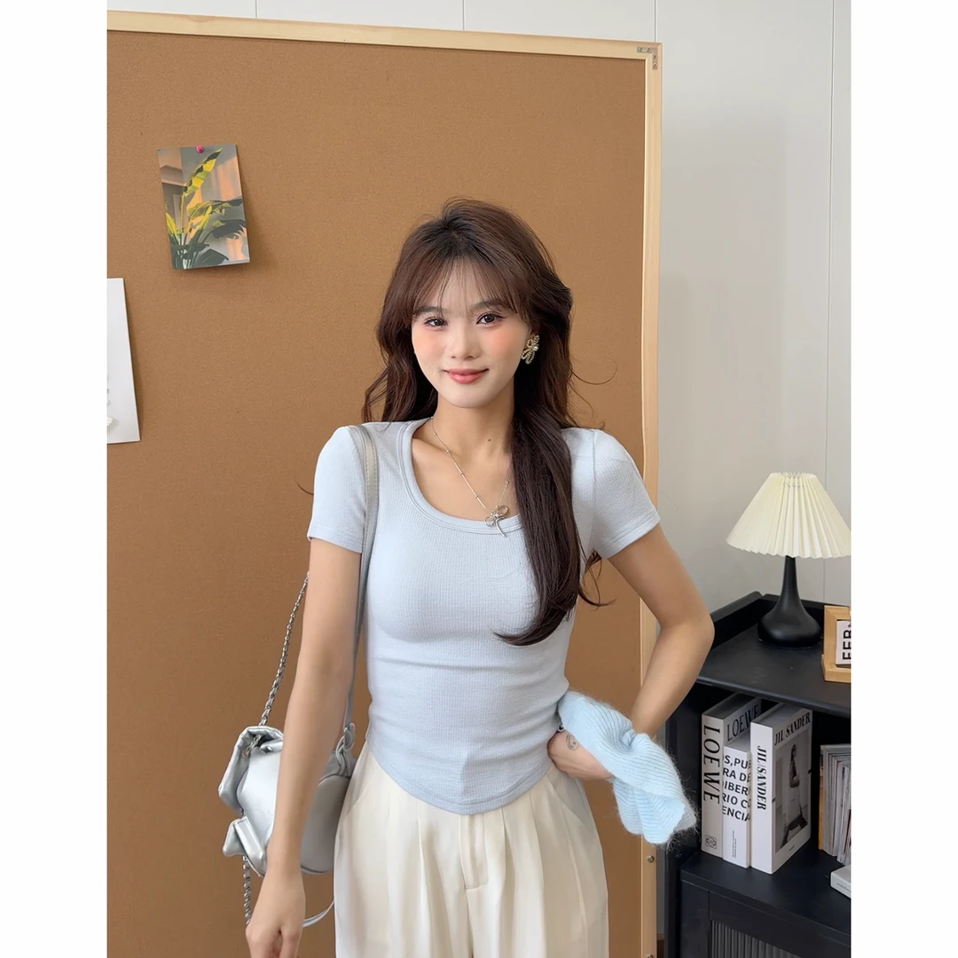 2025年夏季新款休闲气质百搭修身显瘦方领短款T恤上衣女ZR-S76619