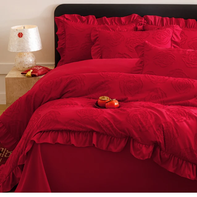 高档浪漫玫瑰结婚四件套婚礼婚庆大红色被套新婚房陪嫁床单床品4