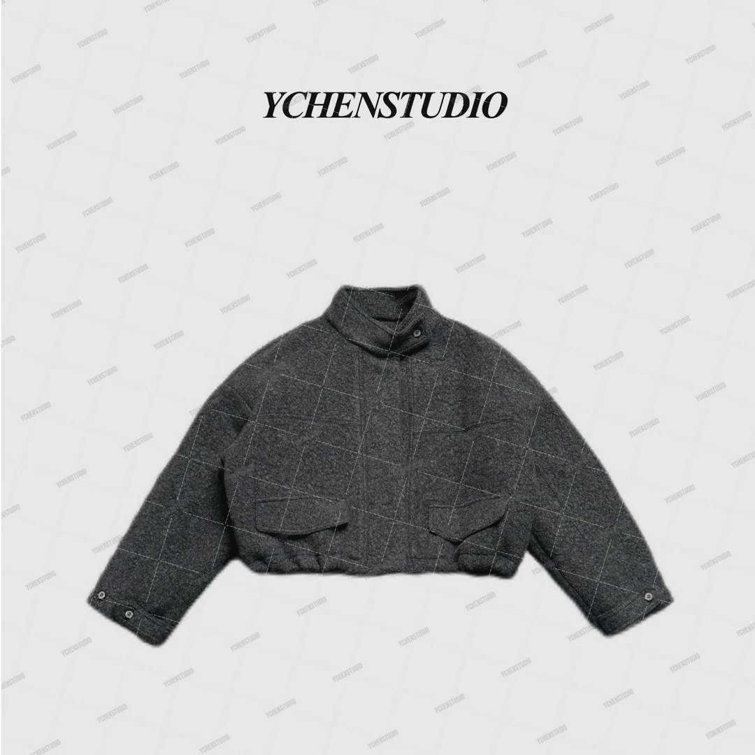 YC【宇宙】冬季新款百搭休闲柔软圈圈毛立领短款花灰色加厚外套